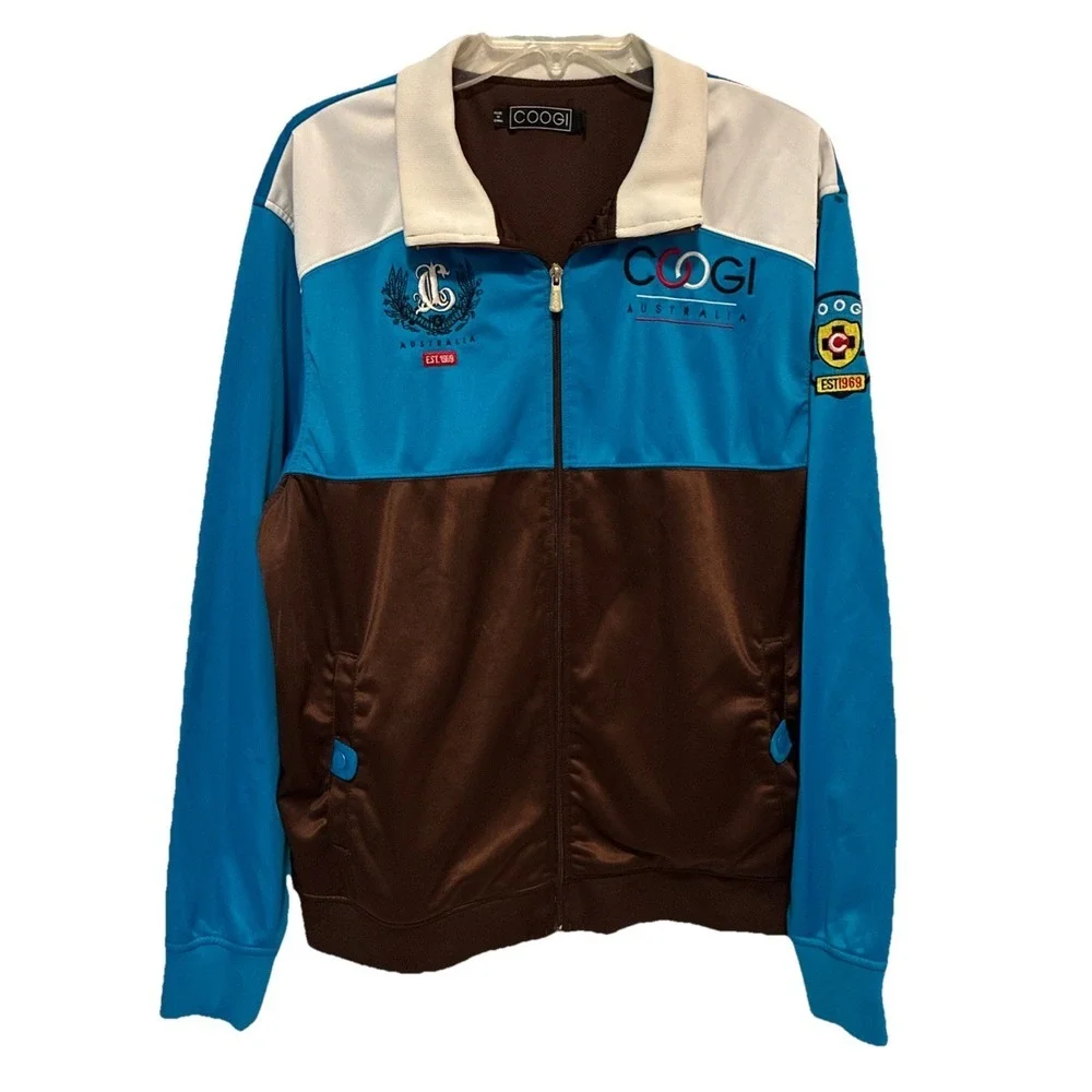 Coogi Mens Y2K Blue/Brown Polyester Long Sleeve Full Zip Track Jacket Sz L